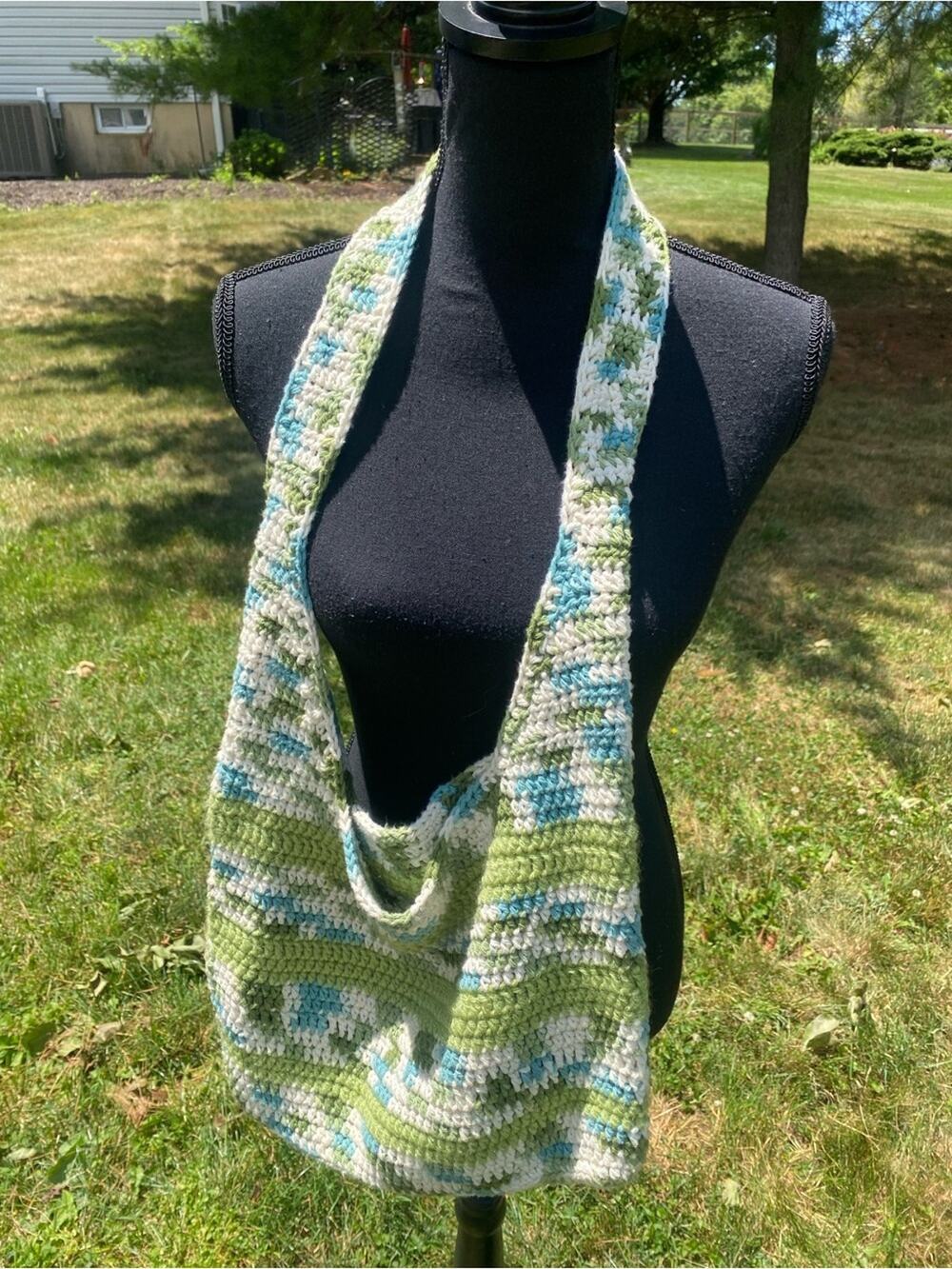 Hand-Crocheted Shoulder Bag Green Blue Cream Sling Purse Boho Hobo Market